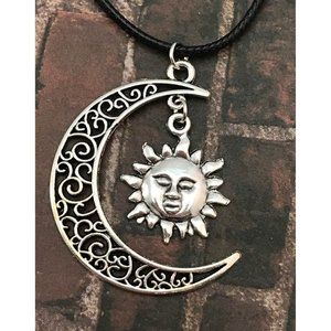 Silver Tone Filigree Crescent Celtic Moon and Sun